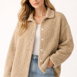 Ashly Brent Textured Sherpa Shacket Button Front Neutral Beige
